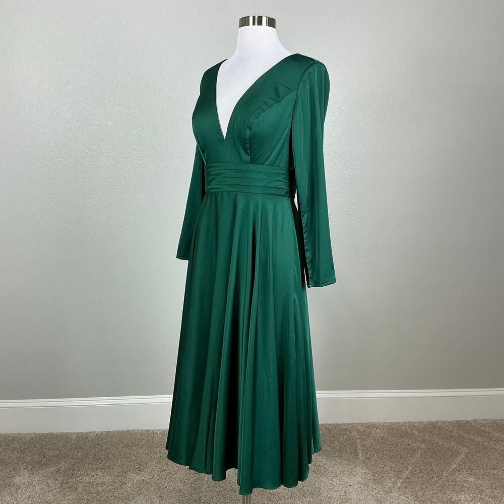 Mac Duggal 67527 Green Cocktail Dress Satin Long Sleeve Fit & Flare Midi Size 14 - Picture 5 of 12
